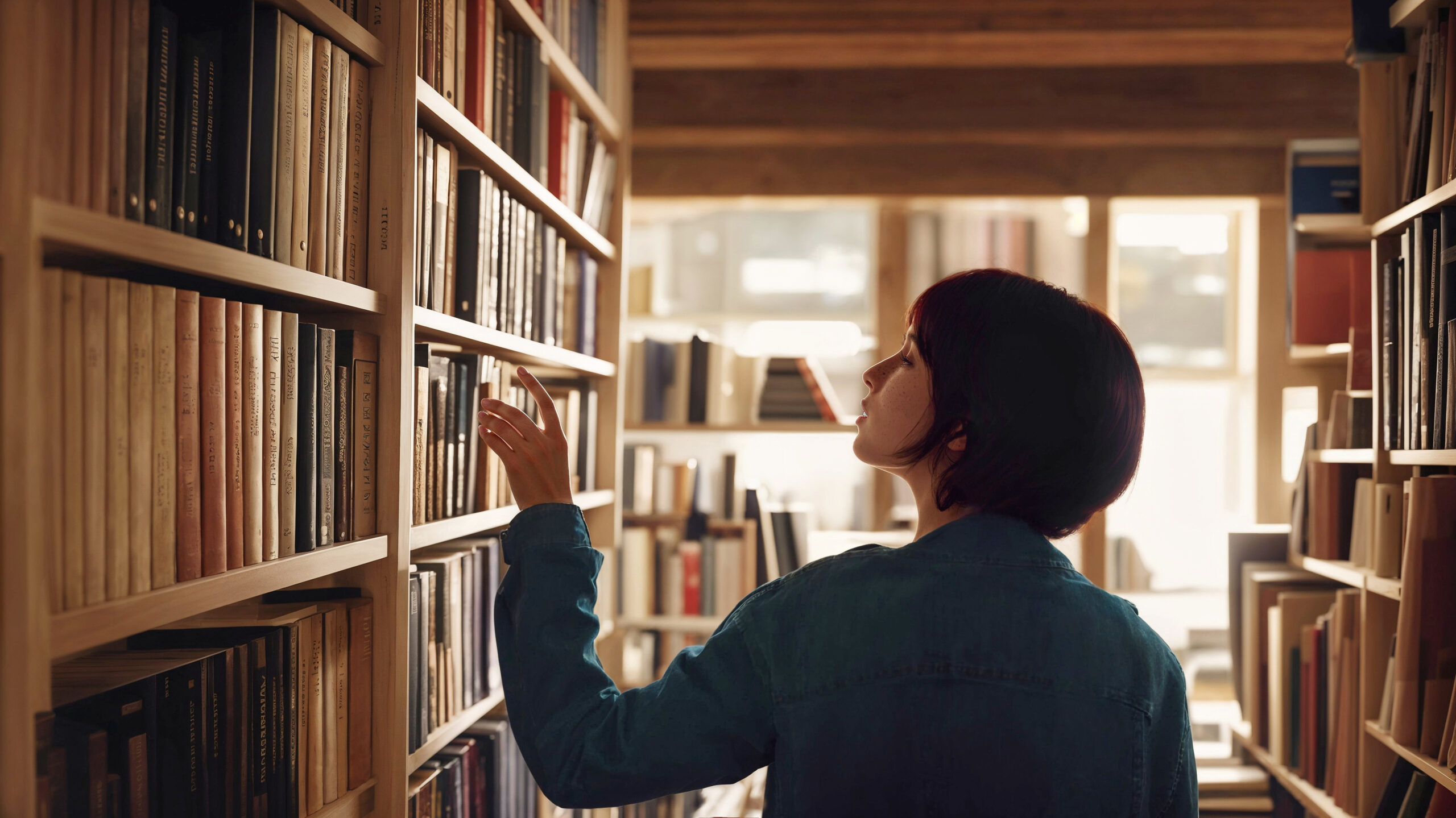 Books on shelves in bookstore, young woman chooses right one, back view